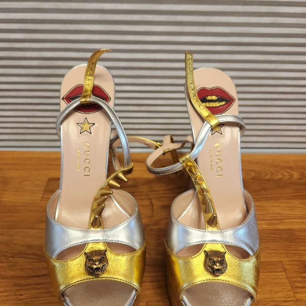 Gucci Women's Gold and Silver Platform Heels 37 fits 36.5! - Picture 3 of 16